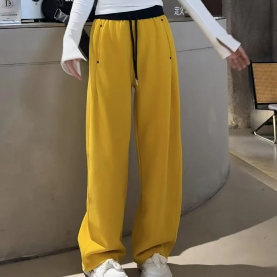 (一裤两穿)腰部拼接休闲裤女2025春装新松紧腰高腰直筒阔腿卫裤