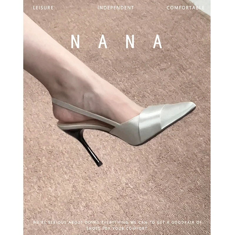 法式尖头银色高跟鞋女细跟后空绸缎2025新款配裙子包头凉鞋夏季女