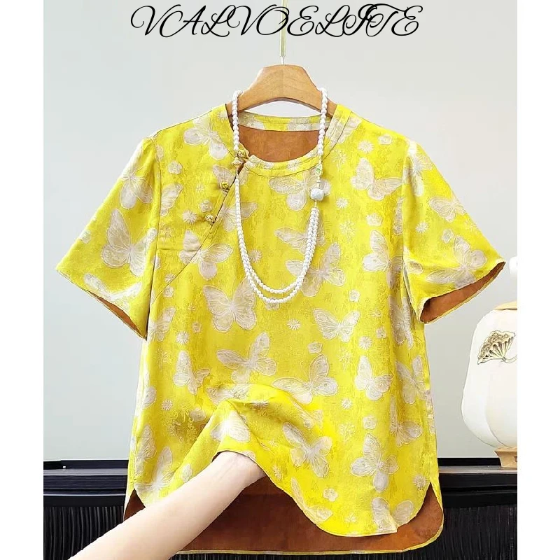改良盘扣新中式衬衫女夏季新款短袖T恤休闲圆领复古提花国风上衣