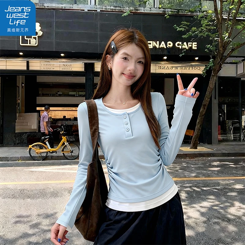 真维斯无界女假两件长袖打底衫春季法式感气质遮肉职场出游上衣S