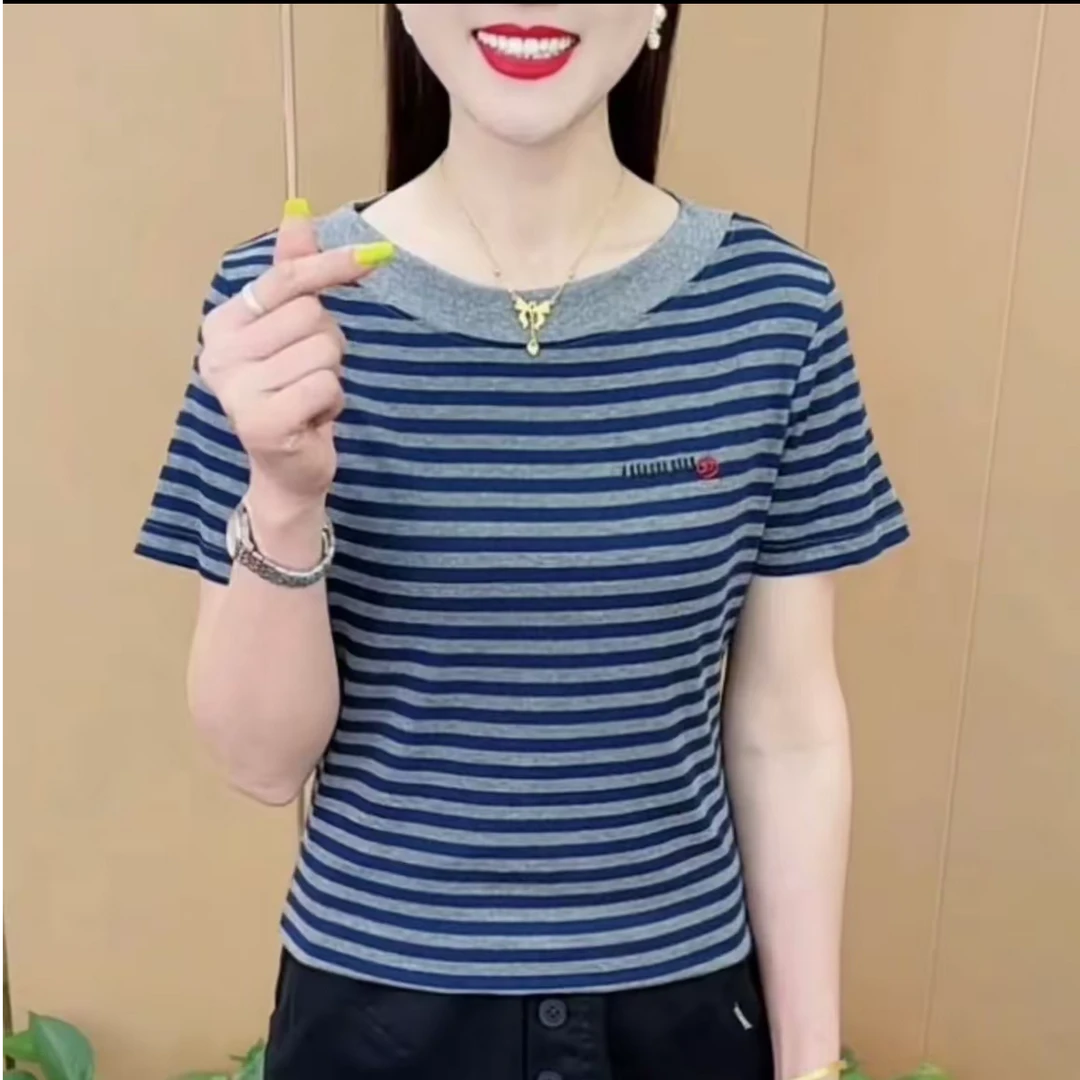 2025夏季新款时尚精致圆领百搭显瘦t恤气质女士减龄短袖上衣