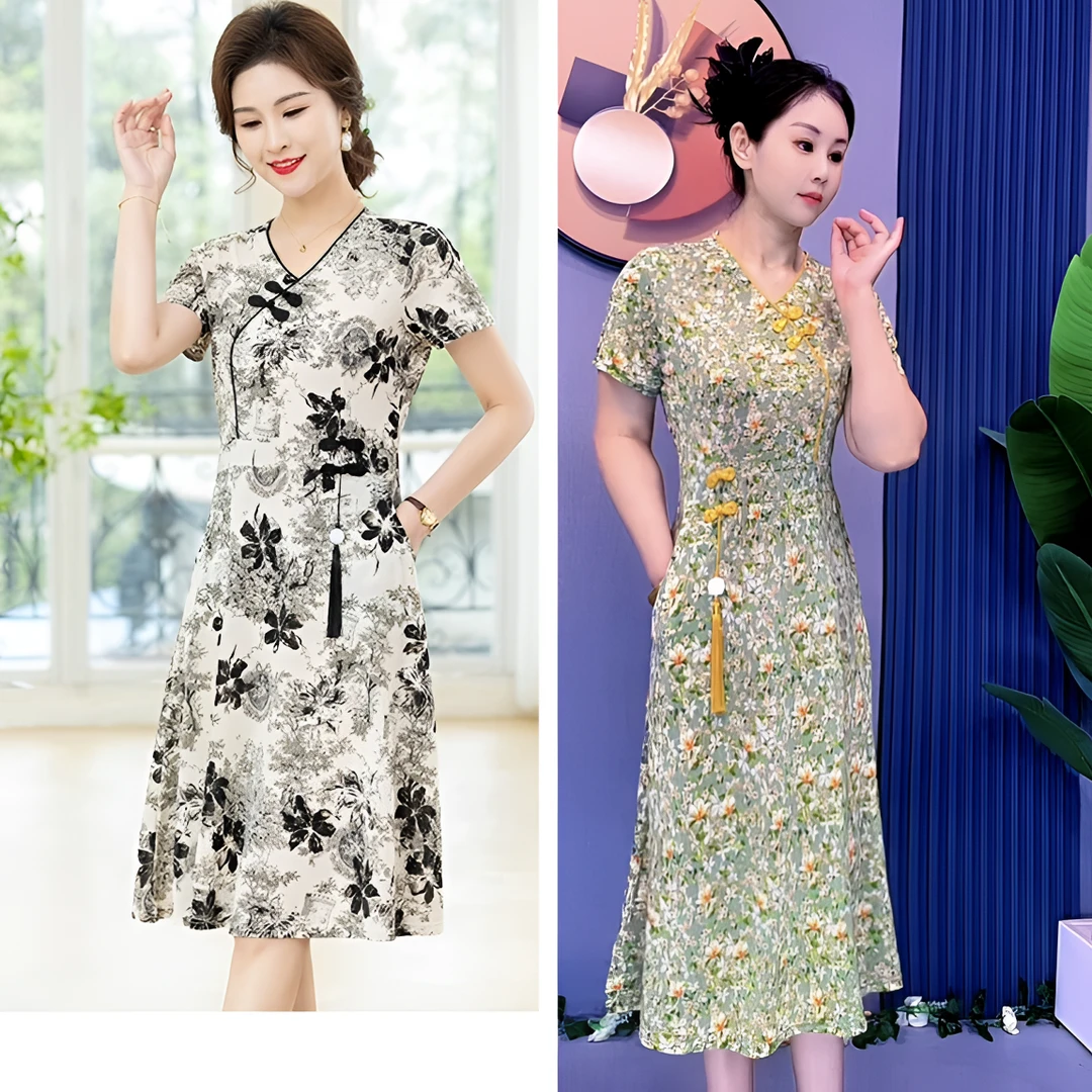 夏季新款短袖冰麻碎花连衣裙女收腰修身外穿妈妈装中长款洋气裙子