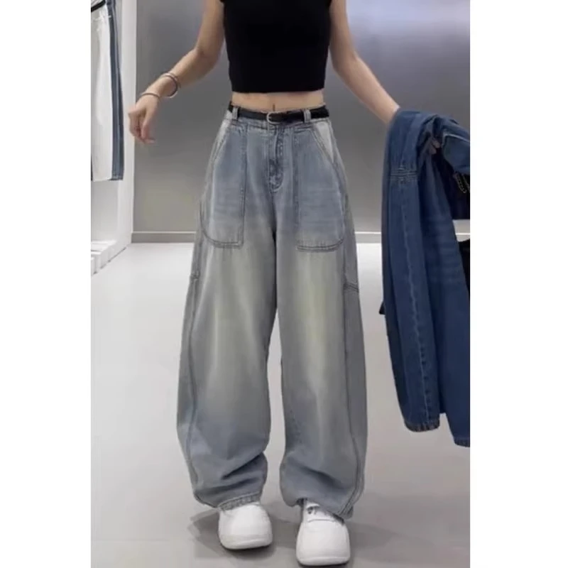 显瘦百搭弯刀牛仔裤女春季新款胖mm阔腿裤梨形身材大码宽松工装裤