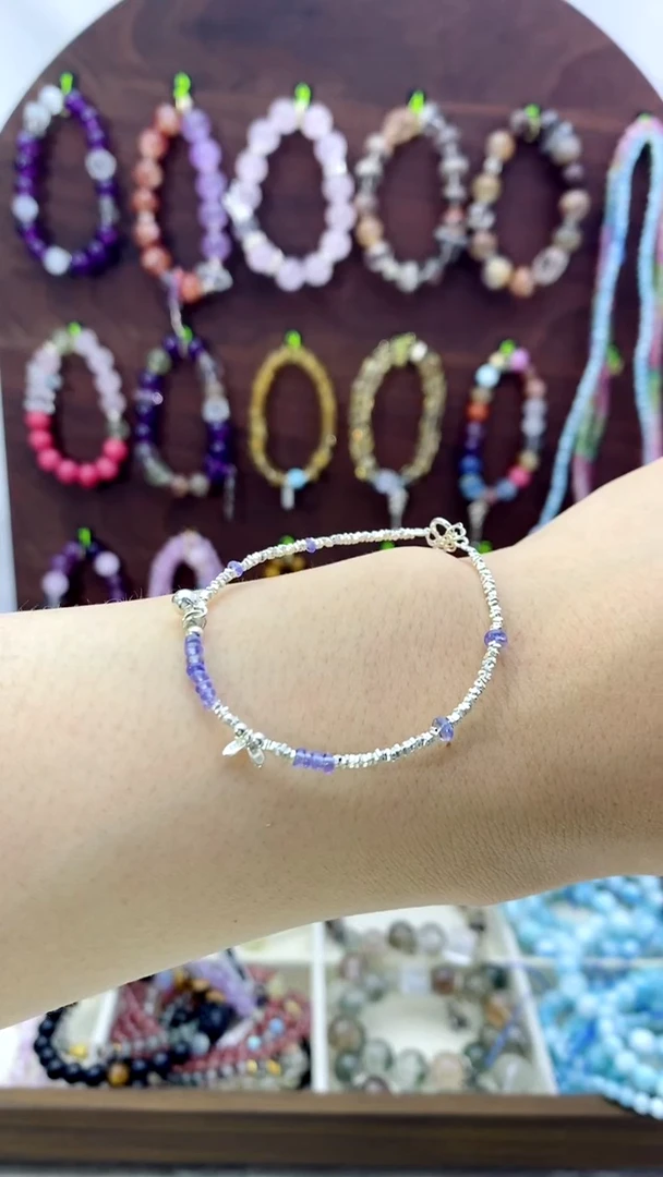 水晶手链银S925镶嵌坦桑石碎银手串