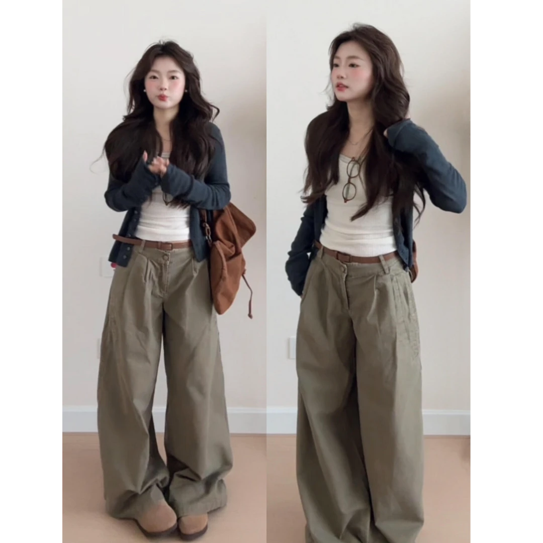 巨好看的早秋一整套韩系复古松弛感针织开衫外套女高腰阔腿裤套装