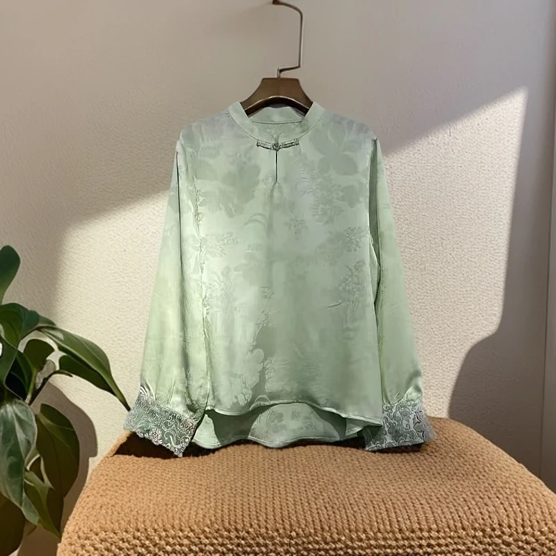 178新中式国风女装上衣年轻款高端气质纯色提花盘扣衬衫