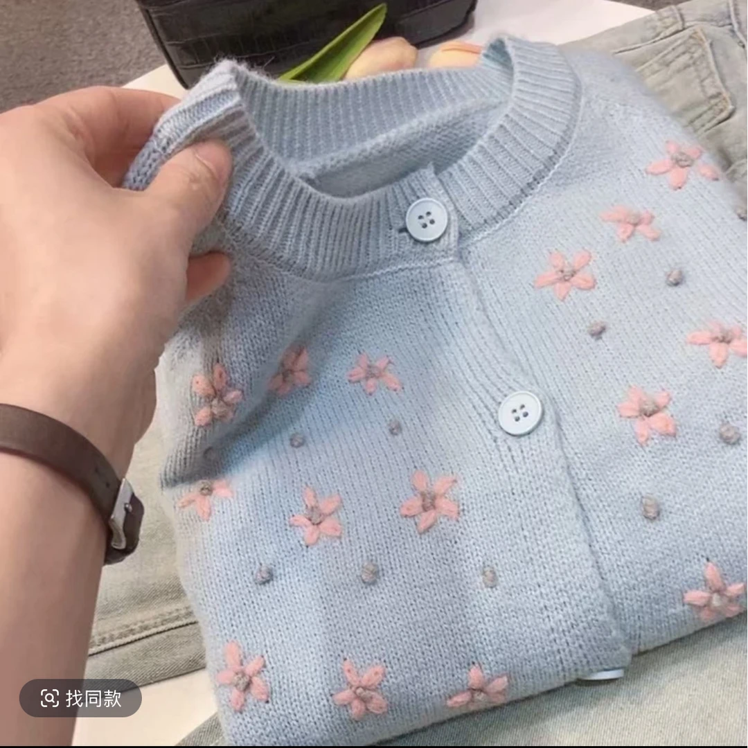 【小花开衫】新款韩系设计感针织开衫毛衣