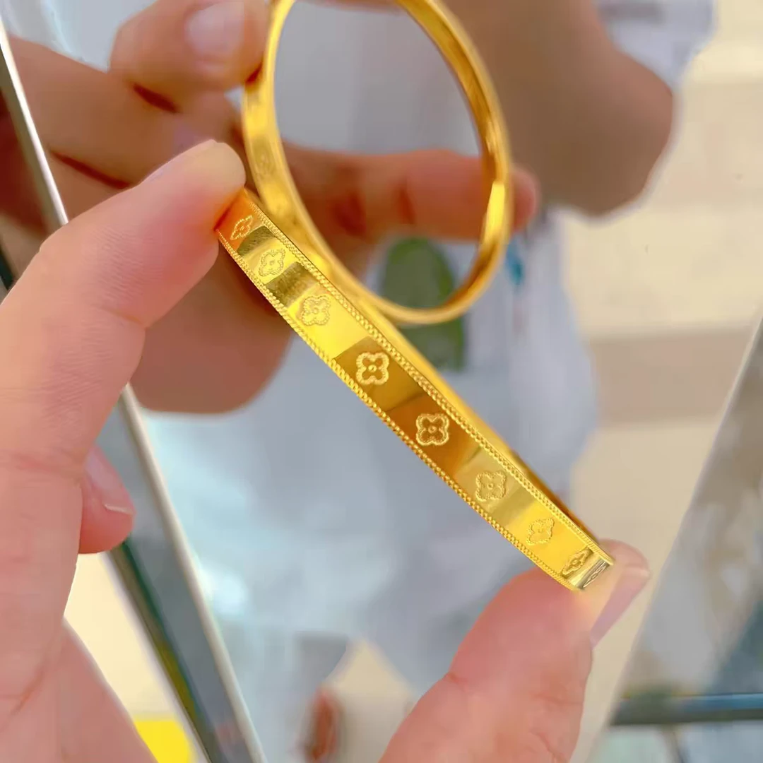 铜合金手镯 【《高保色》精工版四叶草闭口手镯实心时尚百搭