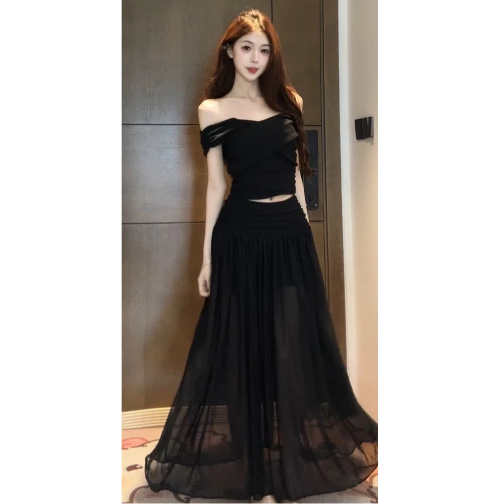 【XIAOBAWANG】轻熟御姐风网纱拼接一字肩设计感显瘦辣妹长裙W