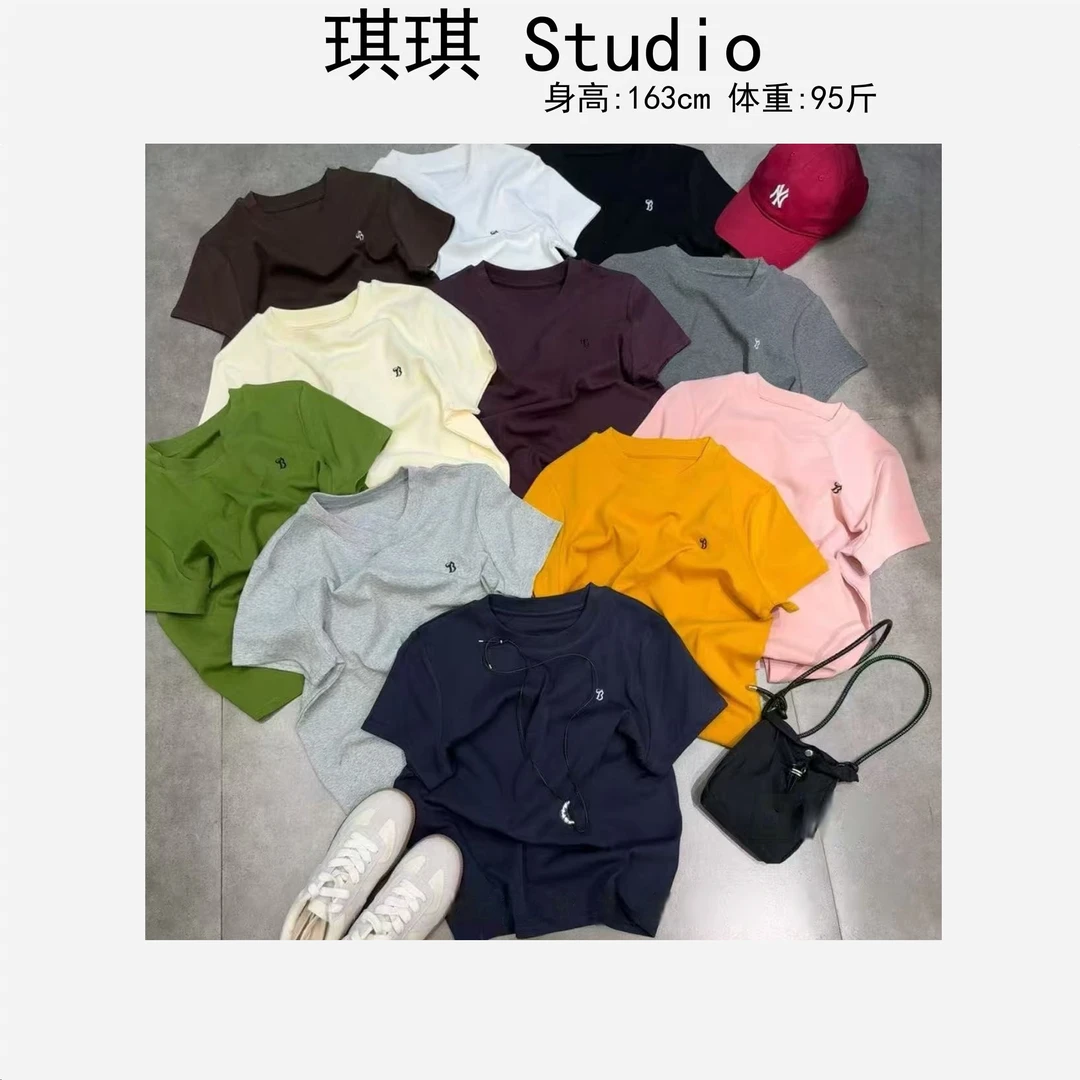 春季新款基础简约刺绣字母气质时尚洋气显瘦减龄百搭短袖8615-B