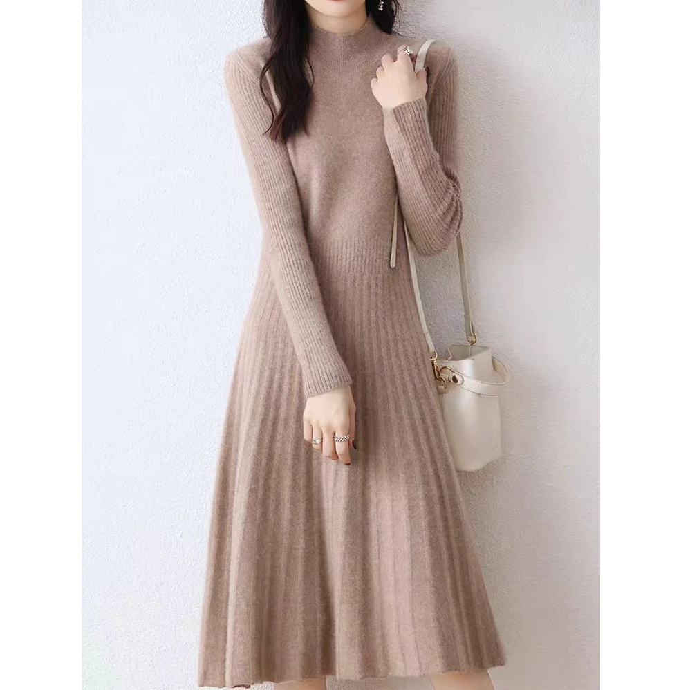 （51-100）秋冬内搭毛衣裙中长款A字裙收腰修身小个子针织连衣裙