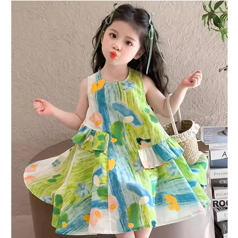 女童夏季无袖棉布连衣裙2025新款儿童洋气时髦沙滩裙子宝宝背心裙