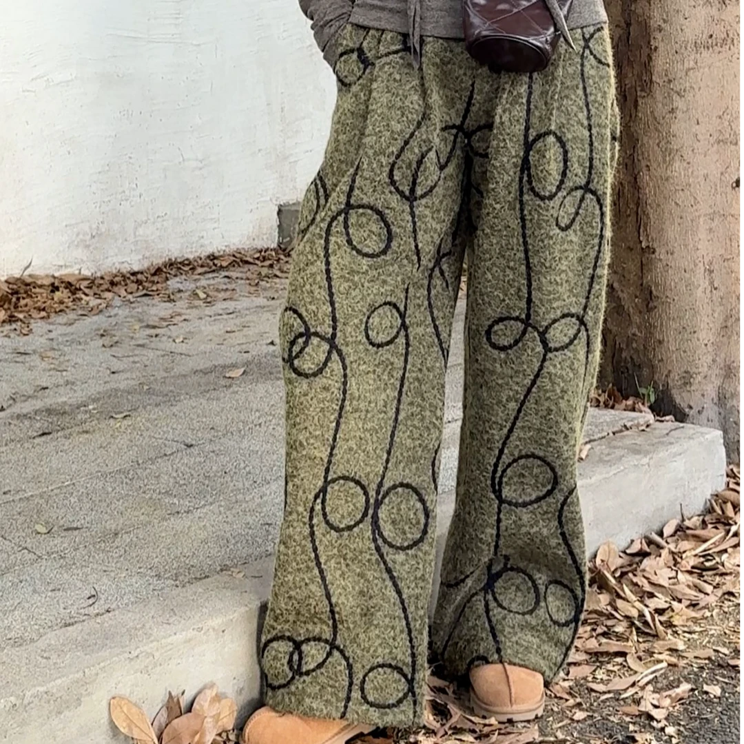 【威廉古堡】微胖大码 加厚刺绣加绒阔腿裤长裤 251148