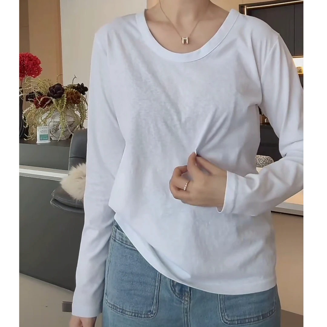 基础款白色U领宽松百搭正肩长袖T恤女2025新款春秋内搭单穿打底衫