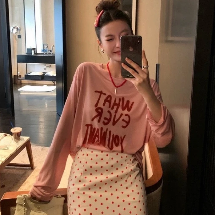 莱赛尔天丝雪花棉T恤多巴胺涂鸦轻薄防晒衣长袖宽松上衣8073