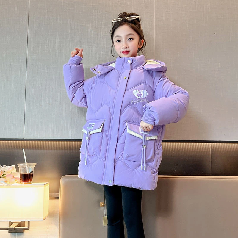 新款冬季女童加绒加厚中长款女宝棉服韩版中大童棉袄外套儿童女童