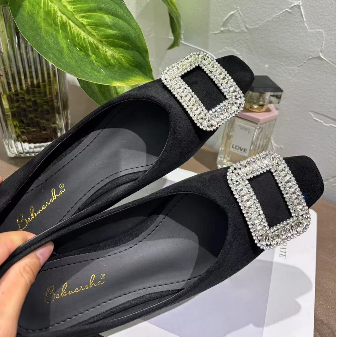 水钻低跟方扣浅口百搭黑色单鞋平底鞋气质机能潮鞋