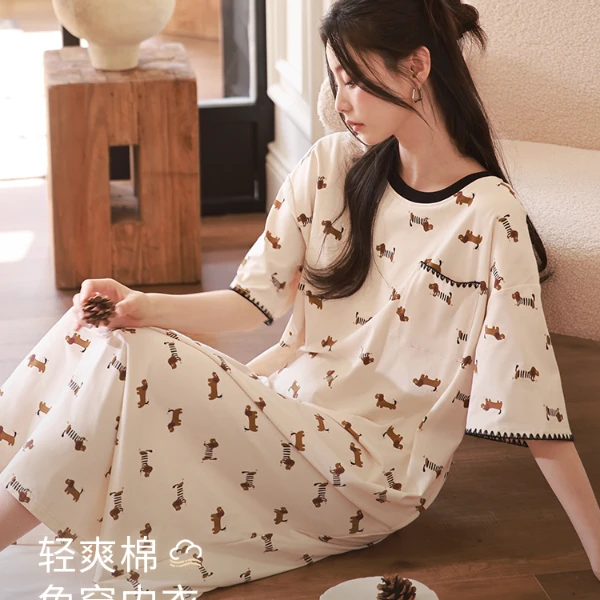 【纯棉带胸垫】小狗睡裙女夏季薄款可爱短袖超长款睡衣大码连衣裙