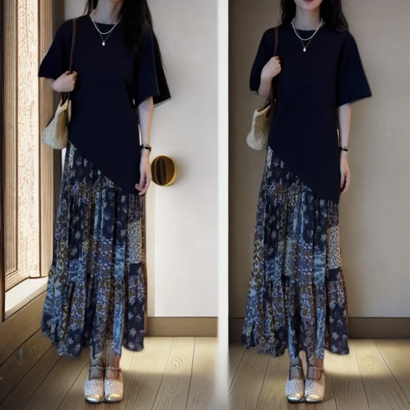 时尚套装裙女2025夏季新款时髦洋气不规则短袖上衣半身裙两件套潮