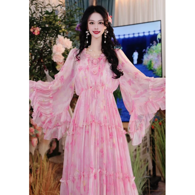25新款法式设计师夏桑蚕丝气质宽松时尚长款女装连衣裙251D733