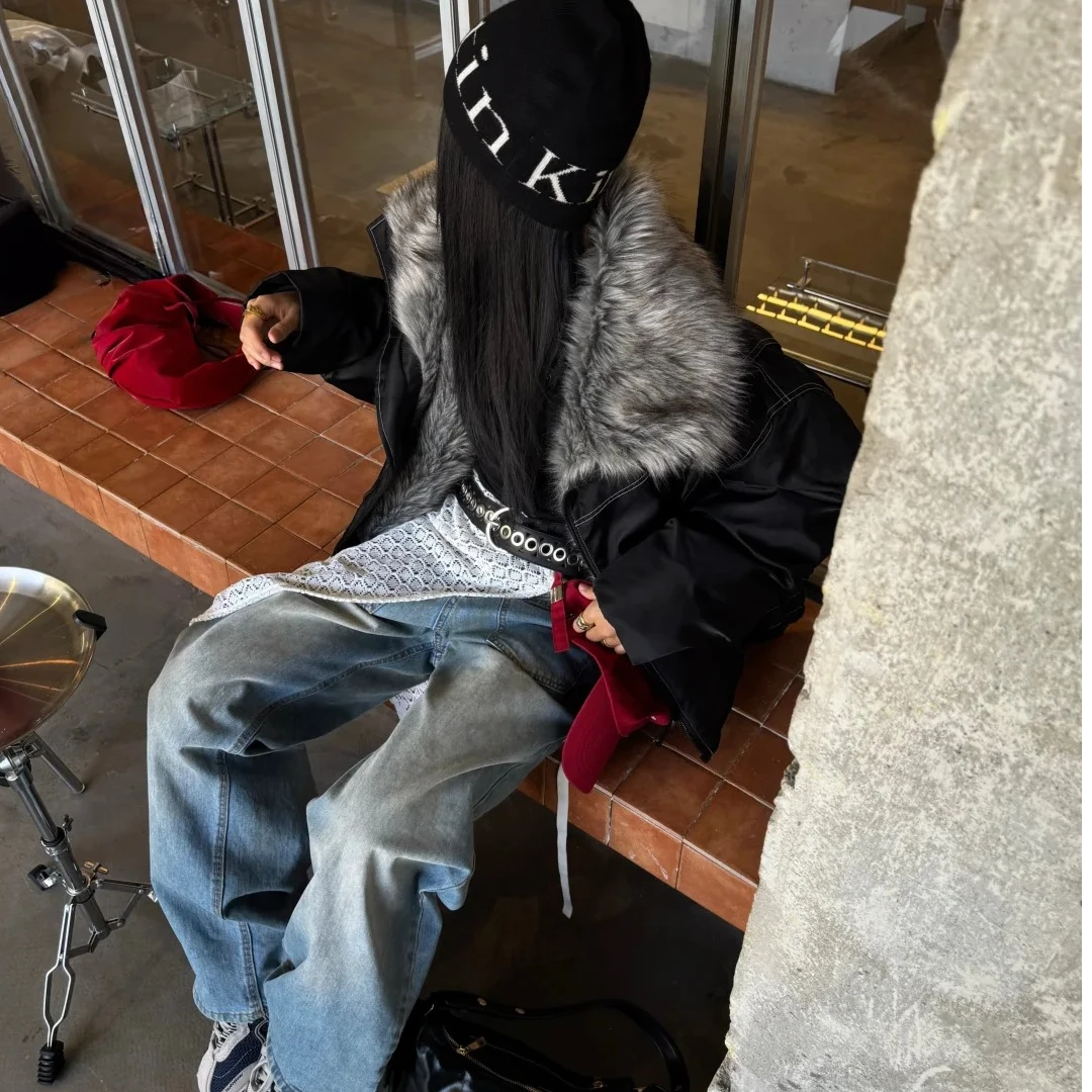 设计感外穿毛毛外套洋气休闲百搭性感辣妹外穿牛仔长裤时尚套装女