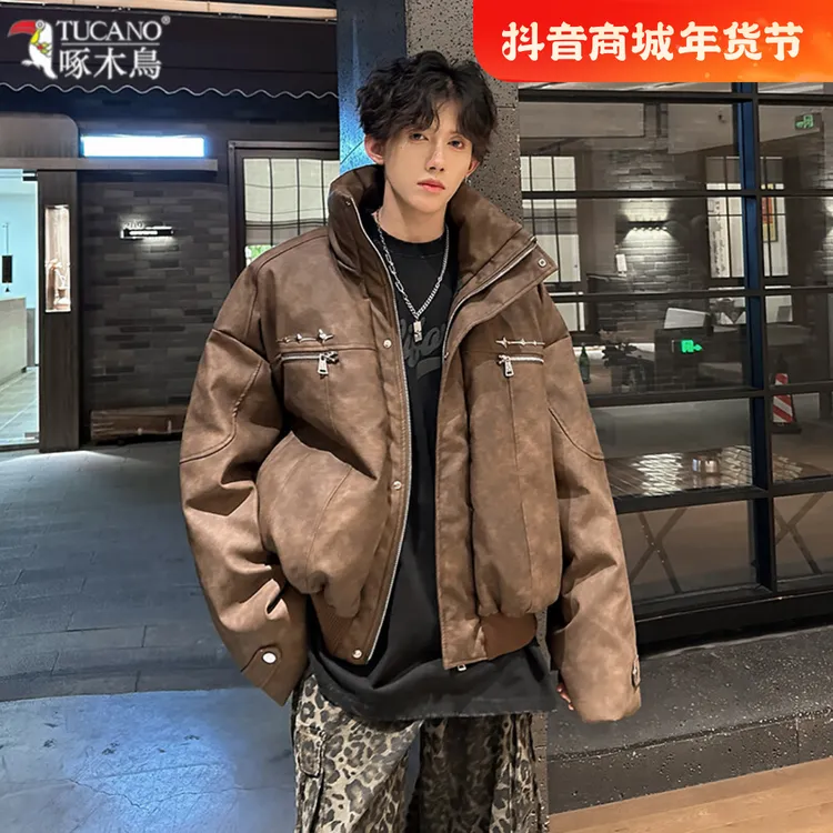 TUCANO/啄木鳥新款复古短款皮衣潮流男ins秋冬季潮男韩系宽松棉服