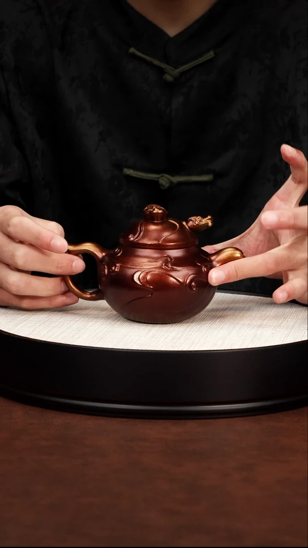 茶壶紫砂宜兴紫砂 鱼化龙贝壳烧 汪东升