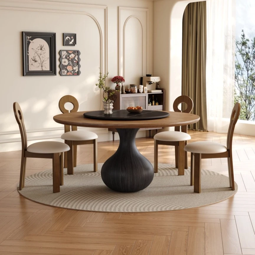 白蜡木青花瓷圆形餐桌中古风家用胡桃色带转盘设计师小户型圆餐桌