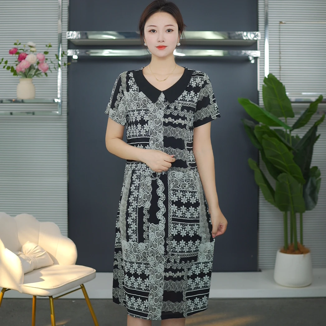 夏季女薄款短袖连衣裙时尚气质娃娃领中长款裙子
