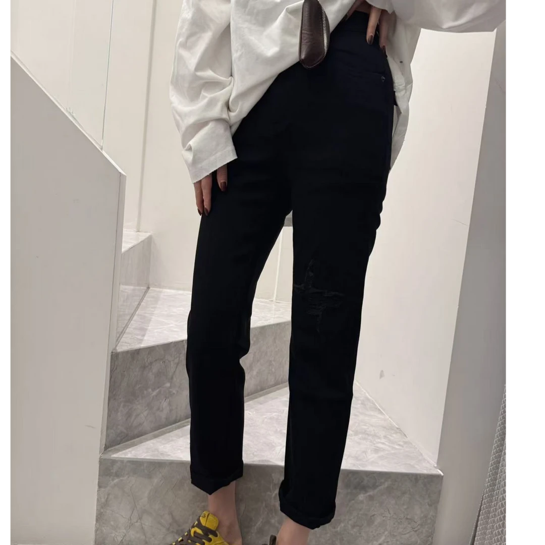 【五五定制】2025新款—春季时尚复古休闲水洗纯色破洞牛仔烟管裤