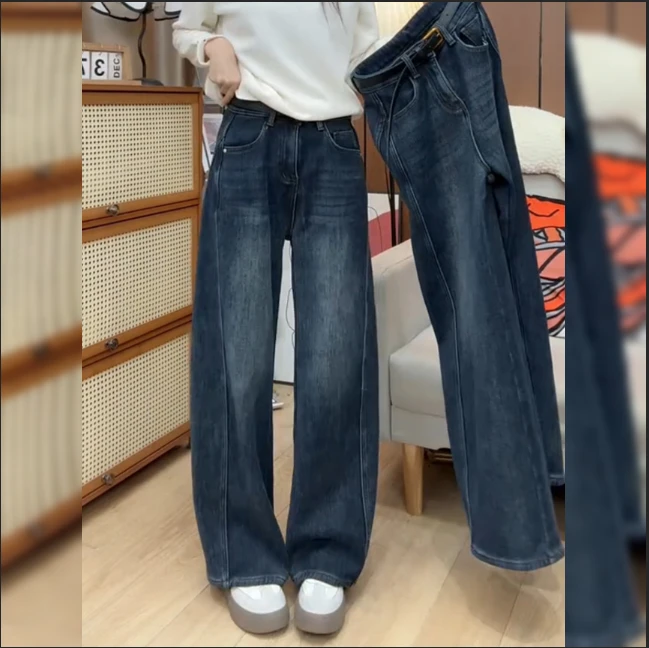 2025年冬季新款设计感裤子加绒加厚弯刀裤宽松直筒裤蓝色牛仔裤女