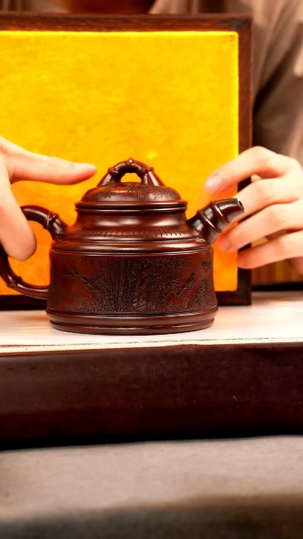 茶壶紫砂铁血红砂 竹鼎 刻绘