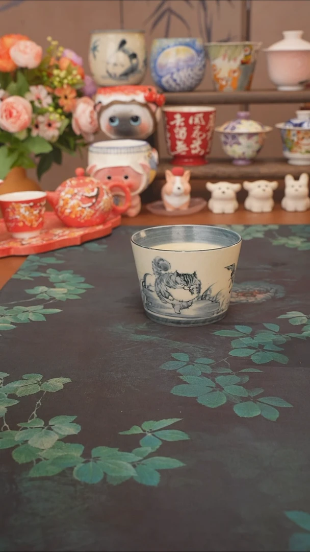 小雾垂露  猫猫叼鱼猪口杯
