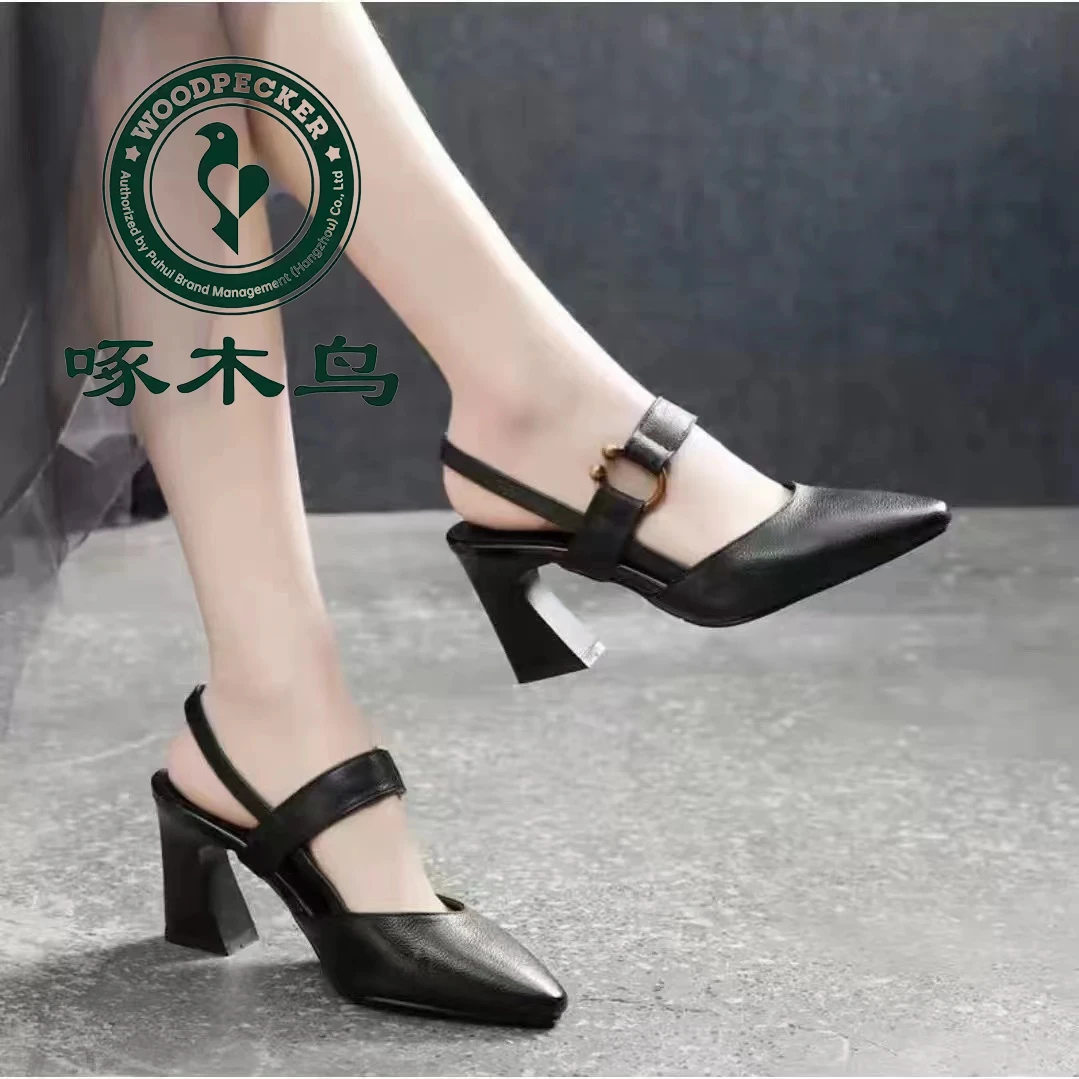 啄木鸟2025年气质单鞋时尚百搭粗跟尖头女士春季外穿半拖单鞋-K6