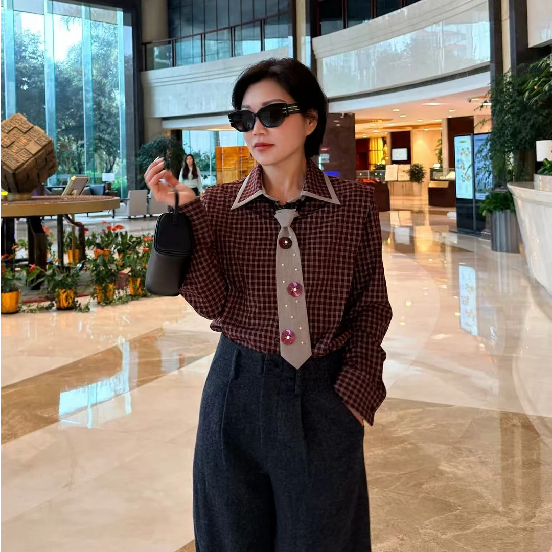 【卡蔓陈LILI】2025秋冬气质小香风复古百搭格子千鸟格衬衫短款