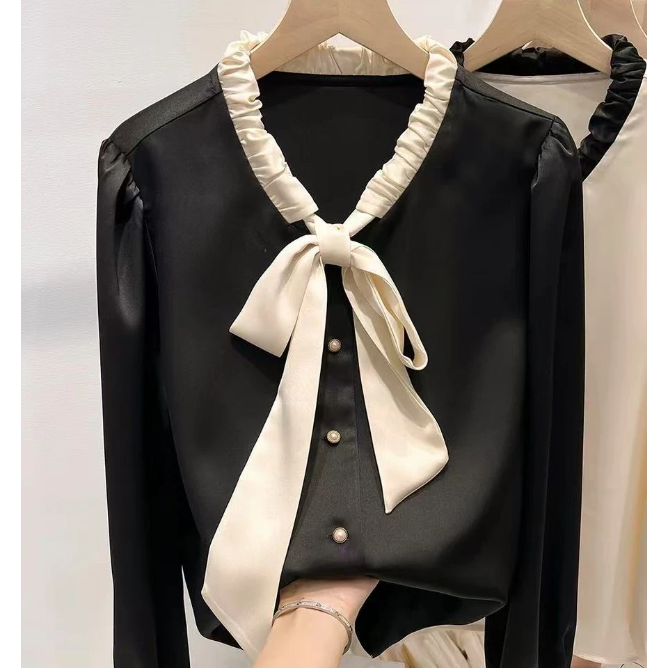 韩版气质显瘦V领褶皱系带拼接单排扣长袖雪纺衬衫