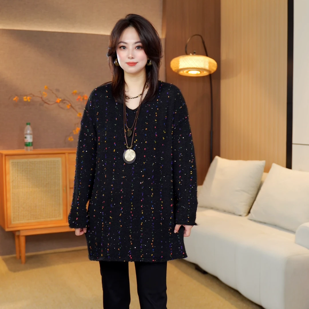 卓美优选秋冬新款V领中长款短款彩豆毛衣百搭休闲时尚长袖2572