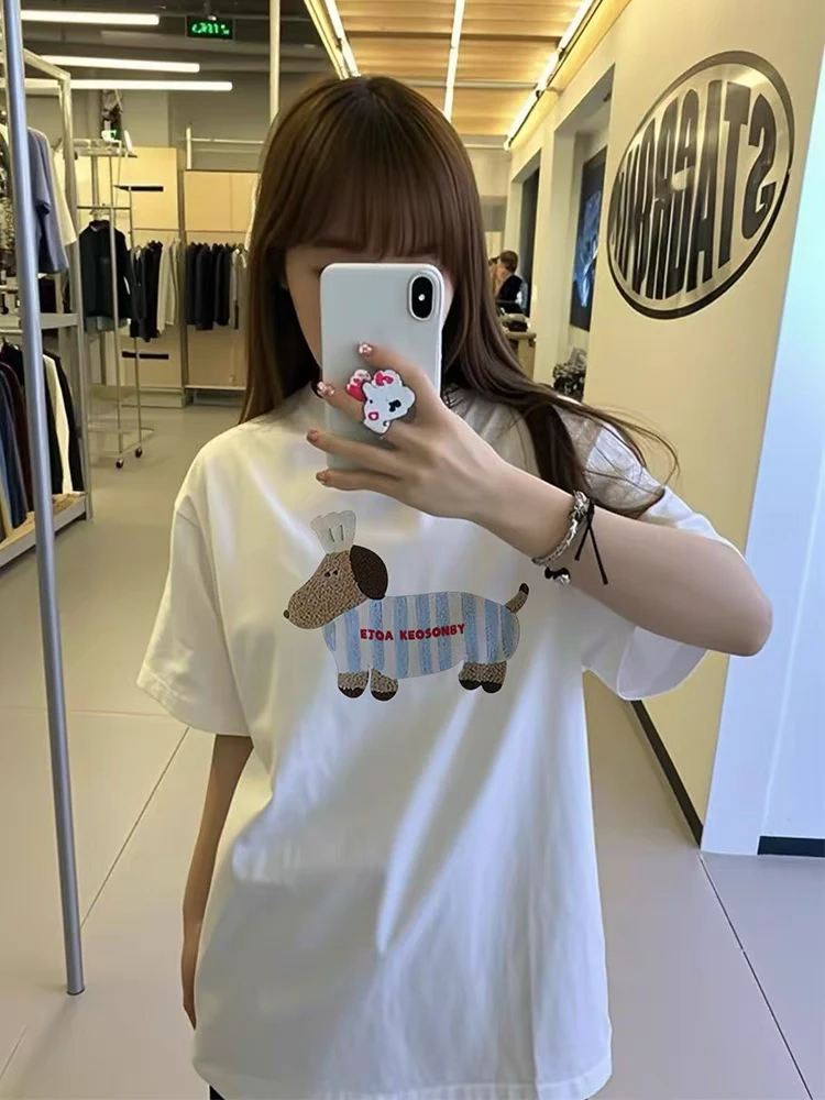 美式高街潮牌印花短袖白色T恤女夏季2025新款宽松小众设计感上衣