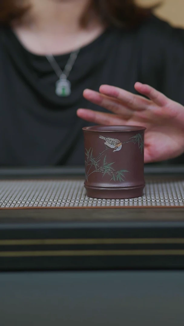 茶壶紫砂04-茄皮紫泥泥绘竹鸟铃铛杯200cc