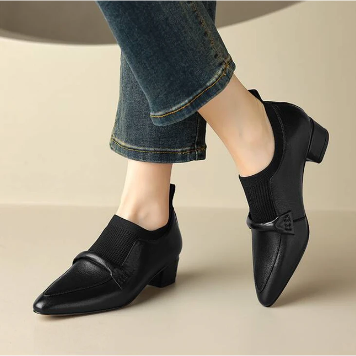 李大龙~羊皮4公分/浅口粗跟方头通勤单鞋百搭软底玛丽珍单鞋6007