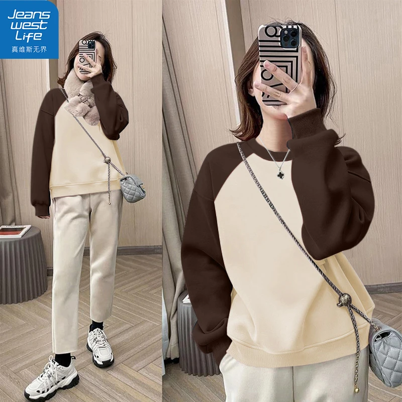 真维斯无界女士撞色短圆卫秋季休闲宽松亲肤百搭上班出游日常上衣