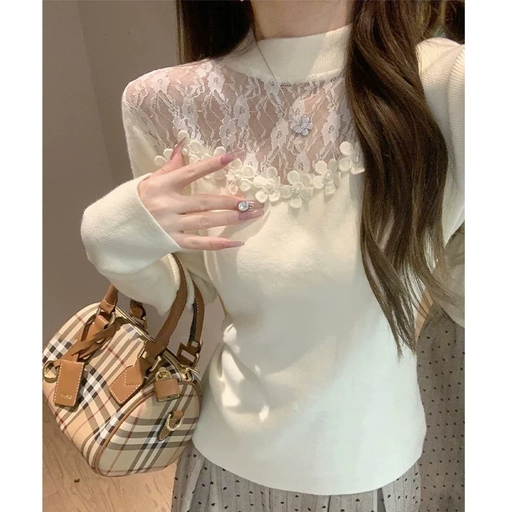 刺绣立体盘花精致蕾丝镂空立领打底针织毛衣2025春季新款女K8069