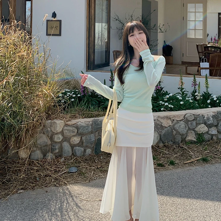 佐佐家小个子拼接设计感网纱半身裙女春夏季高腰显瘦包臀长款裙子