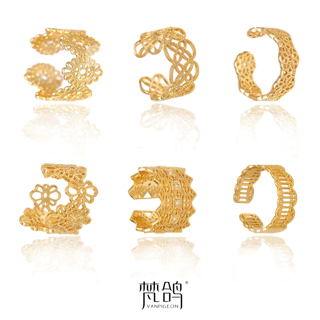 VANPIGEON/梵鸽 黄铜戒指 蕾丝花环镂空几何戒指精致新款开口指环