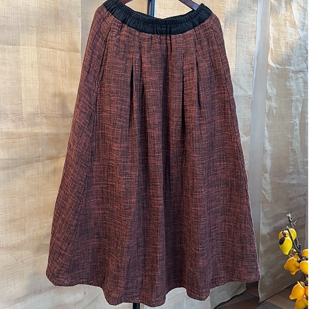 【麻黛儿】双层炒色麻料春季半身裙（长88）