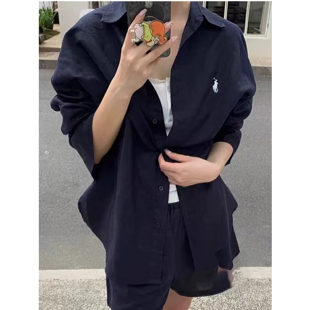 休闲防晒宽松长袖衬衫套装女2025夏季新款轻薄透气时尚短裤两件套