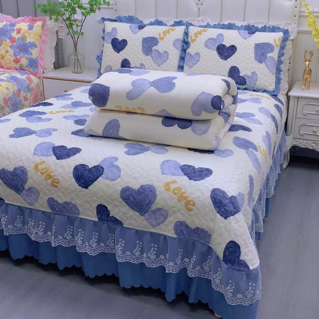 加厚保暖牛奶绒床盖四件套蕾丝花边三件套不掉毛可机洗防静电