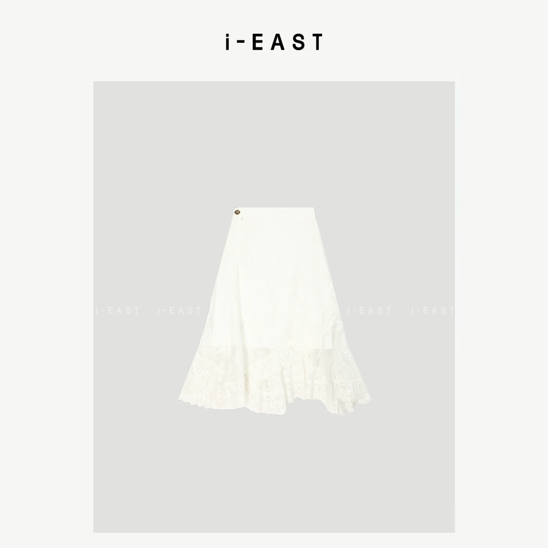 i-EAST 香草千层~夏季蕾丝下摆不规则半身裙-5C Q13380