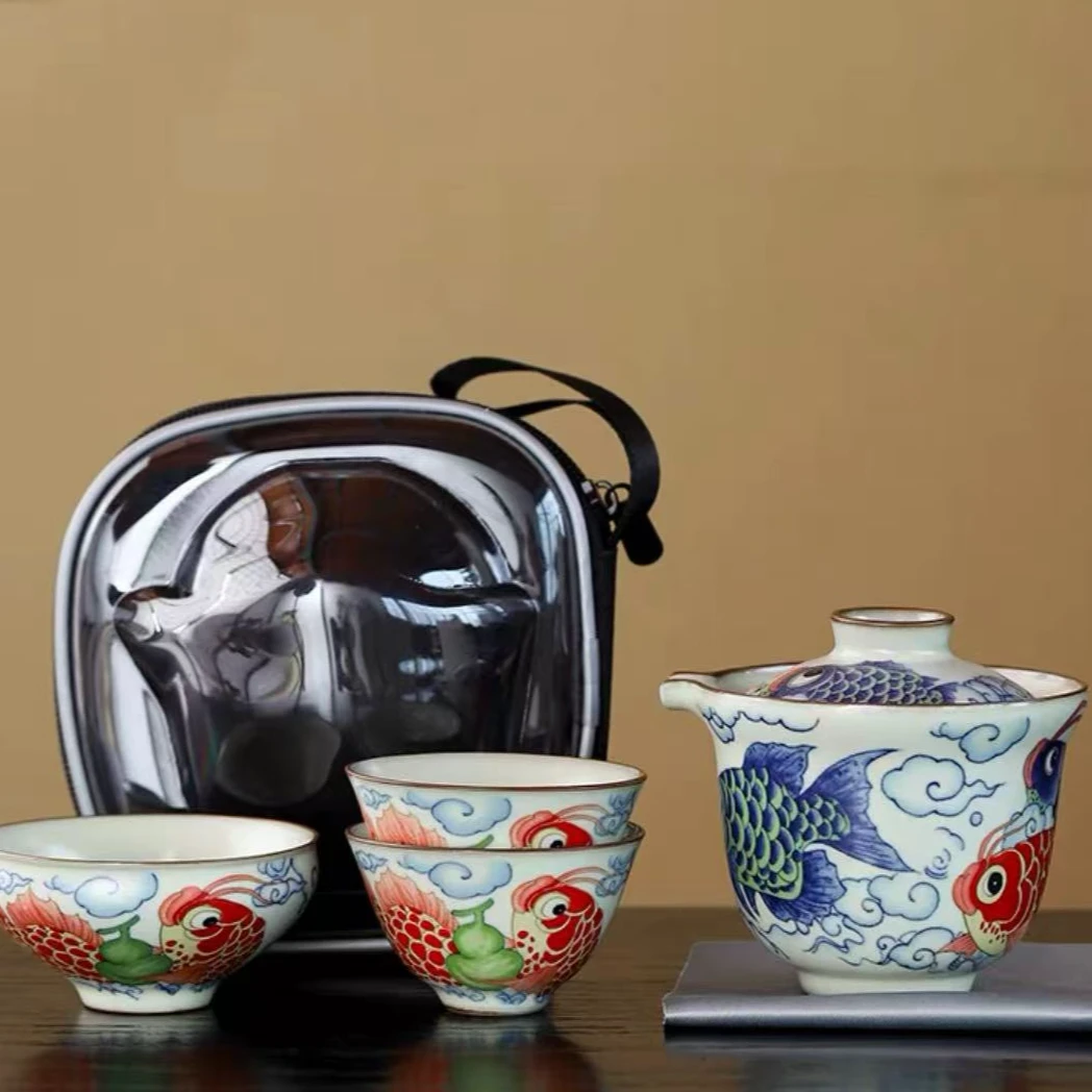 汝窑国潮风中式龙鱼纳福户外旅行茶具便携式旅游茶壶一壶三杯0397