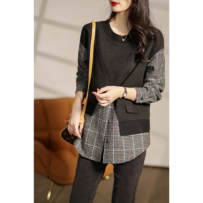 拼接时尚复古设计感抽绳卫衣休闲格子套头针织设计师